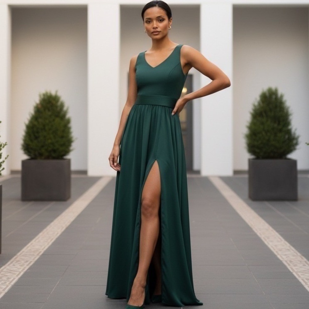 White by‎ Vera Wang Forest Green Halter V-Neck Maxi Gown Dress Size 0